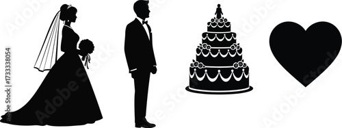 Silhouette of a bride and groom standing next to a wedding cake and a heart, vector illustration