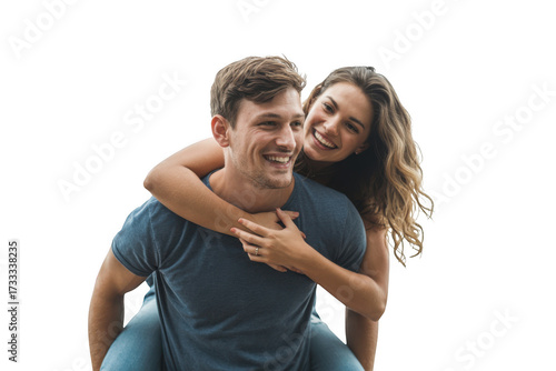 Joyful young couple embraces happiness with a playful piggyback ride sharing laughter transparent background
