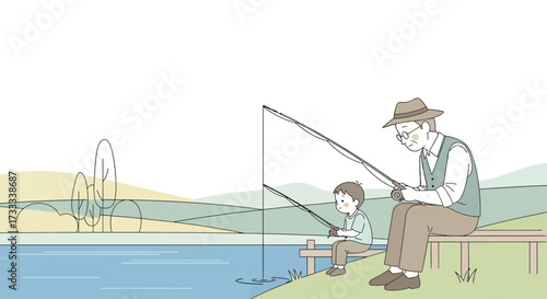 A grandfather and his young grandson bonding while fishing together on a bench by a tranquil lake.