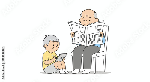 An elderly grandfather reads a newspaper while his young grandson sits on the floor using a tablet, illustrating a generational contrast in media consumption.