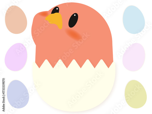 Baby bird red character in eggshell illustration