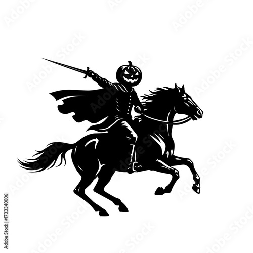 Silhouette of a headless horseman riding a galloping horse with sword raised. Dark Halloween design symbolizing legend, horror, folklore, mystery, and spooky night illustration