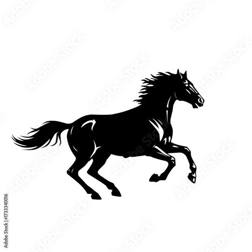 Black silhouette of a detailed galloping horse with flowing mane and tail. Vector illustration representing speed, strength, beauty, equestrian spirit, and freedom in motion