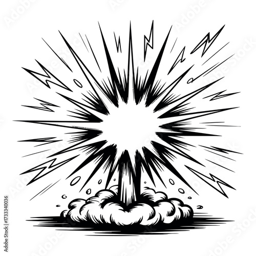 Dynamic black and white explosion burst and lightning with radial lines and cloud base