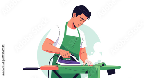 Man Ironing Clothes at Home - Lifestyle Illustration in Domestic Environment - Skillful Task Performance