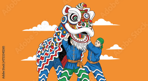 Lion Dance Performance, Urban Setting, Illustration, Vibrant Environment, Dynamic Viewpoint