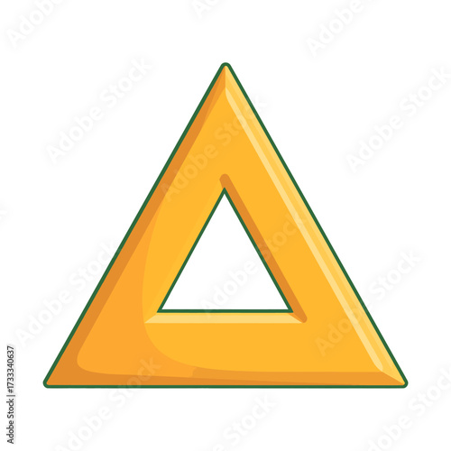 A stylized yellow triangle with a hollow center, outlined in green, on a clean white background, depicting a basic geometric shape.