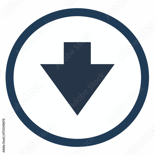 Dark blue downward arrow icon within a circular frame on a white background, symbolizing download or direction.
