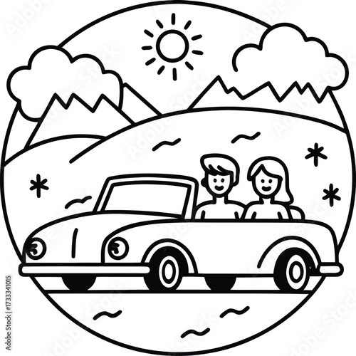 couple on road trip in car illustration on transparent background