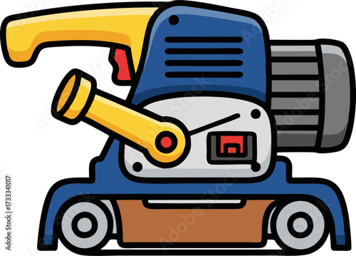 Cartoonish belt sander with yellow handle and blue body, outlined in black