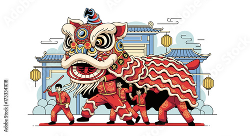 Cultural Festival, Lion Dance Performance, Urban Setting, Illustration, Vibrant Atmosphere, Dynamic Viewpoint, Celebration of Tradition