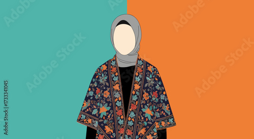 Woman in Traditional Attire, Vibrant Background, Digital Illustration, Modern Lifestyle, Artistic Viewpoint