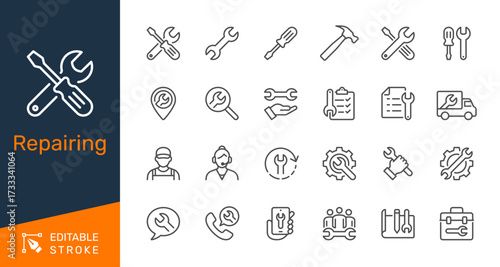 Repair thin line icon collection for tools, service, maintenance and mechanic concept. Editable stroke. Pixel perfect.