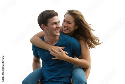 Joyful young couple sharing a piggyback ride with smiles and affection transparent background