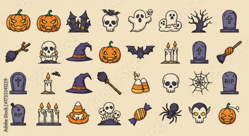 Halloween Flat Icon Set: Spooky Vector Collection of Pumpkin, Witch, Skull, Bat, Ghost & Graveyard Elements