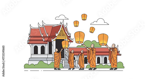 Peaceful Procession Monks Release Sky Lanterns Near Temple in Serene Cultural Celebration