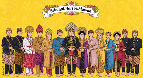 Selamat Hari Pahlawan : Cultural Celebration, Traditional Attire, Community Event, Illustration, Festive Environment, Group Portrait, Heritage and Unity