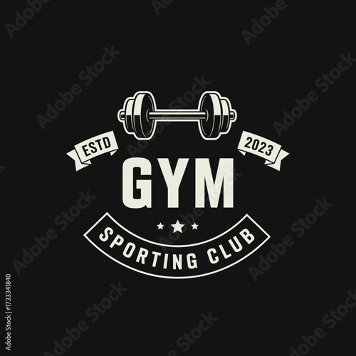 Vintage emblem for a gym and sporting club featuring a barbell, established in 2023, with a retro aesthetic.