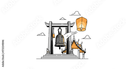 Minimalist line art illustration of a traditional Asian temple with a hanging bell and a floating sky lantern concept