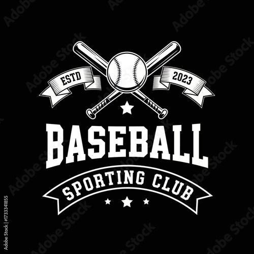 Classic baseball sporting club emblem featuring crossed bats, a ball, decorative ribbons, and stars on a dark background.