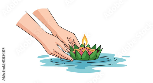 Vector illustration of hands releasing a beautiful krathong onto the water, a symbolic ritual of a cultural festival