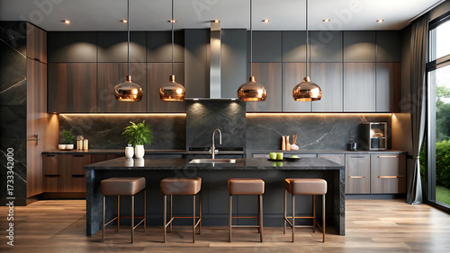 Sleek luxury kitchen with black granite island and contemporary cabinetry in stylish modern architectural design