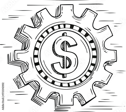 Economic Cogwheel Dollar Symbol Inside a Gear for Financial Mechanics