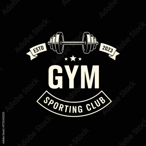 A vintage-style emblem for a gym sporting club featuring a dumbbell, established date, and bold typography on a black background.