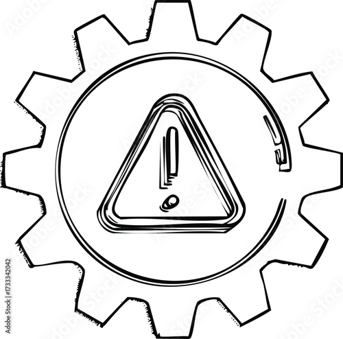 Hand-drawn sketch of a gear with a warning sign, symbolizing a system error or industrial caution concept