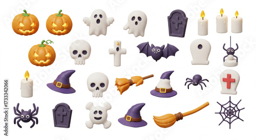 Spooky Halloween Icons 3d Vector Set: Ghost, Pumpkin, Witch, Skull, Bat,  and Elements Collection.