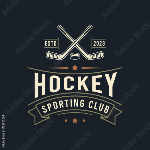 A stylized graphic logo for a hockey sporting club, showcasing crossed ice hockey sticks, a puck, and banners with 'HOCKEY SPORTING CLUB' text, set against a...