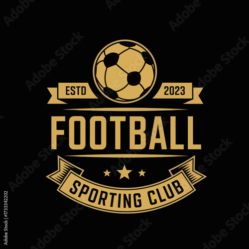 Golden football logo design featuring a soccer ball, ribbon banner, stars, and the text "Football Sporting Club" on a black background.