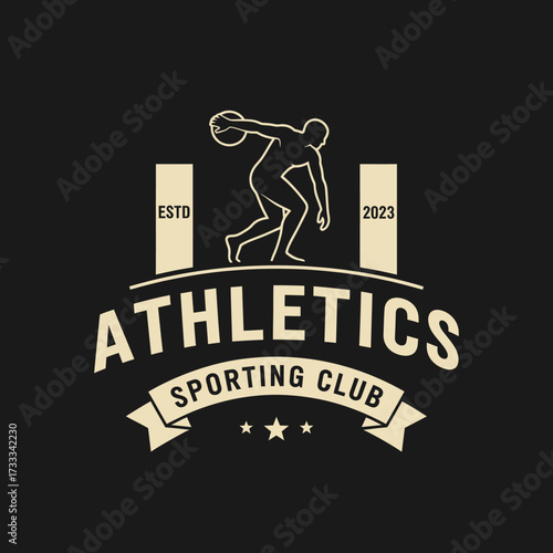 A vintage-style logo for an Athletics Sporting Club, featuring a classic discus thrower silhouette on a black background.