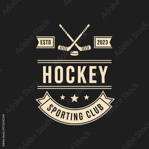 Vintage hockey club emblem featuring crossed sticks, a puck, and the words "Hockey Sporting Club" with established year.