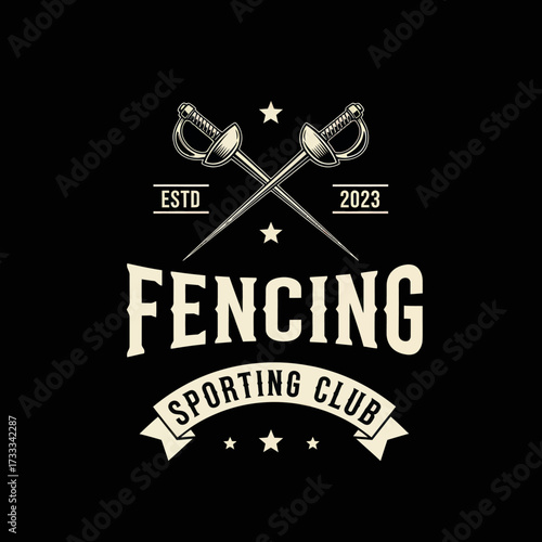 Vintage-style logo featuring crossed fencing swords, text, and stars, on a black background.