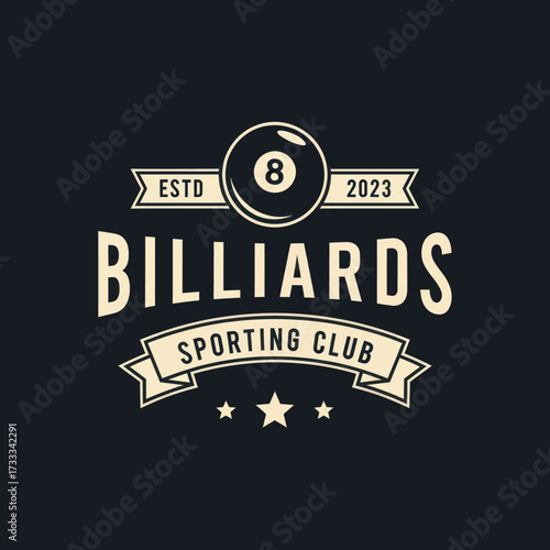 A vintage-style logo for a Billiards Sporting Club featuring an eight ball and classic banners.