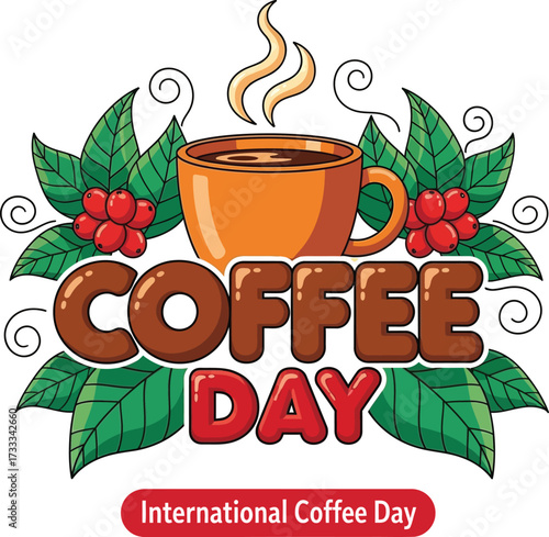 International coffee day celebration with warm beverage and coffee beans vector