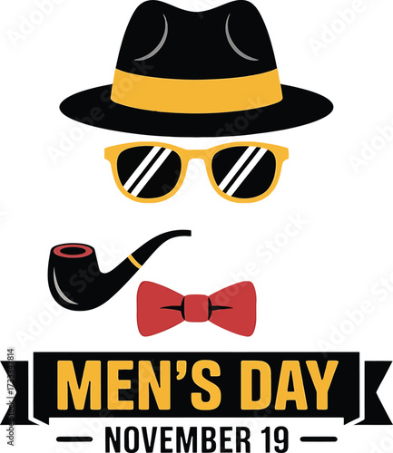 Mens Day November 19 illustration with fedora hat sunglasses pipe and bow tie male