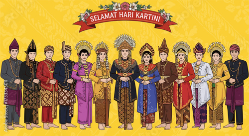 Cultural Celebration, Traditional Attire, Indonesia, Illustration, Festive Atmosphere, Group Portrait, Unity and Heritage - Selamat Hari Kartini