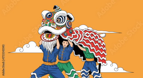 Traditional Lion Dance Performance in Urban Setting, Colorful Artwork Under Bright Sky, Engaging Community Spirit