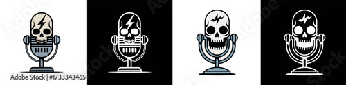 Vector logo of an old school microphone with the skull face from skeleton