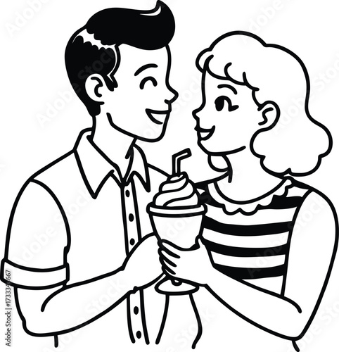 couple sharing ice cream sundae illustration on transparent background