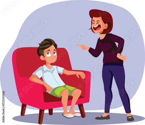 Mom Scolding her Inactive Teen Boy Vector Concept Illustration. Stressed teenager in permanent conflict with his mother 
