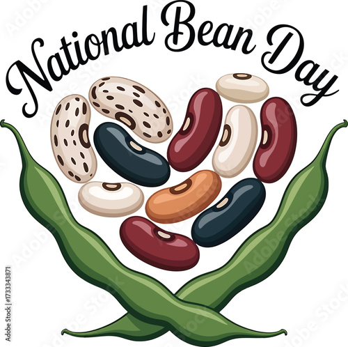 National Bean Day Heart Shape with Assorted Beans and Green Pods Keywords: National Bean Day, beans, legumes, heart, shape, assorted, variety, kidney