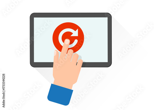 Reboot concept. Restarting technology. Hand to push big red button. Vector illustration flat design. stock illustration.