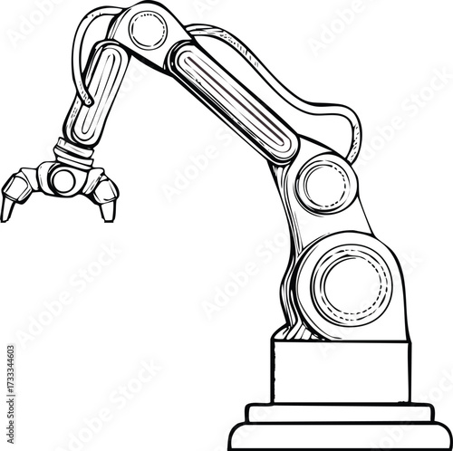 Detailed line art illustration of an advanced robotic arm, symbolizing industrial automation, future technology, and precision manufacturing processes with innovative capabilities