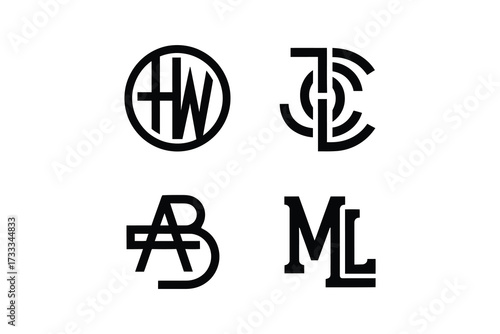 Four black and white monogram logos with different letter combinations design