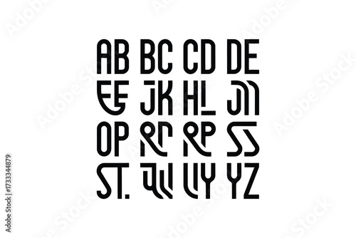 A stylized alphabet in black font on a white background displaying letters