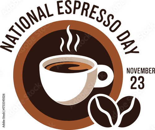 National Espresso Day celebration with coffee cup and beans on white background Keywords: national espresso day, espresso, coffee, caffeine, drink