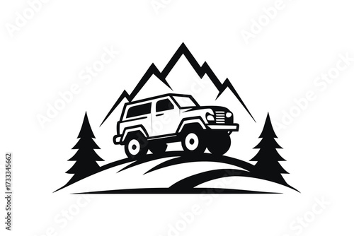 Black and White Art of an OffRoad Vehicle in a Mountainous Landscape